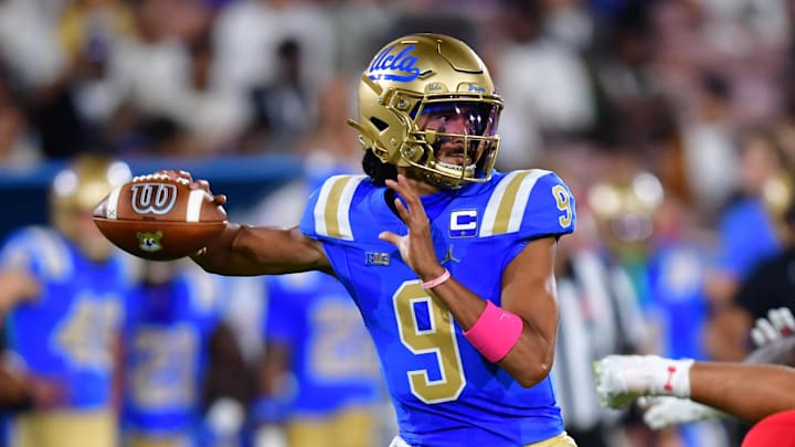 Aug 30, 2025; Pasadena, California, USA;  UCLA Bruins quarterback Nico Iamaleava (9) throws against the against the Utah Utes during the first half at the Rose Bowl. Mandatory Credit: Gary A. Vasquez-Imagn Images