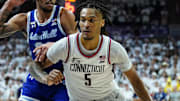 Mar 3, 2024; Storrs, Connecticut, USA; UConn Huskies guard Stephon Castle (5) drives the ball against Seton Hall Pirates guard Isaiah Coleman (21) in the second half at Harry A. Gampel Pavilion. Mandatory Credit: David Butler II-Imagn Images