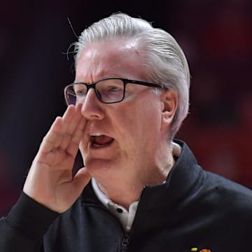 Feb 25, 2025; Champaign, Illinois, USA;  Iowa Hawkeyes head coach Fran McCaffery reacts during the first half against the Illinois Fighting Illini at State Farm Center. Mandatory Credit: Ron Johnson-Imagn Images