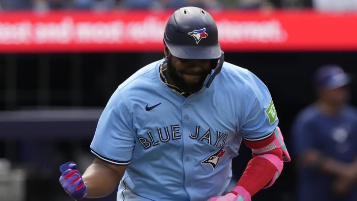 Toronto Blue Jays first baseman Vladimir Guerrero Jr. (27) reacts after hitting a fly ball to the Los Angeles Angels during the  third inning at Rogers Centre on Aug 24.