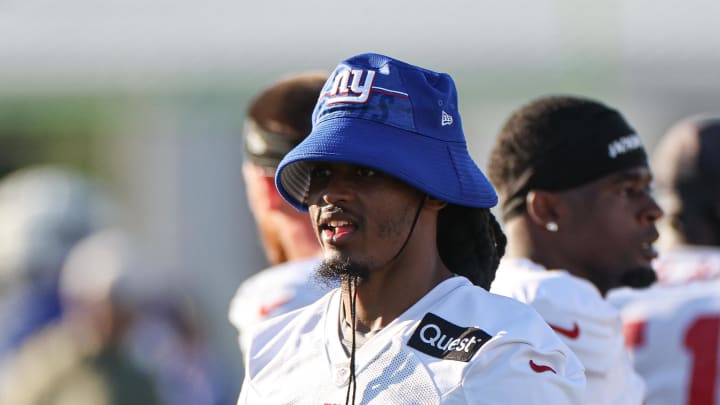Aug 1, 2023; East Rutherford, NJ, USA; New York Giants cornerback Aaron Robinson (33) looks on during training camp at the Quest Diagnostics Training Facility.   