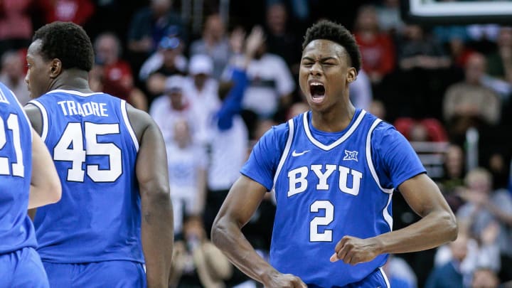 Mar 14, 2024; Kansas City, MO, USA; Brigham Young Cougars guard Jaxson Robinson (2) reacts to a play during the second half against the Texas Tech Red Raiders at T-Mobile Center. Mandatory Credit: William Purnell-USA TODAY Sports