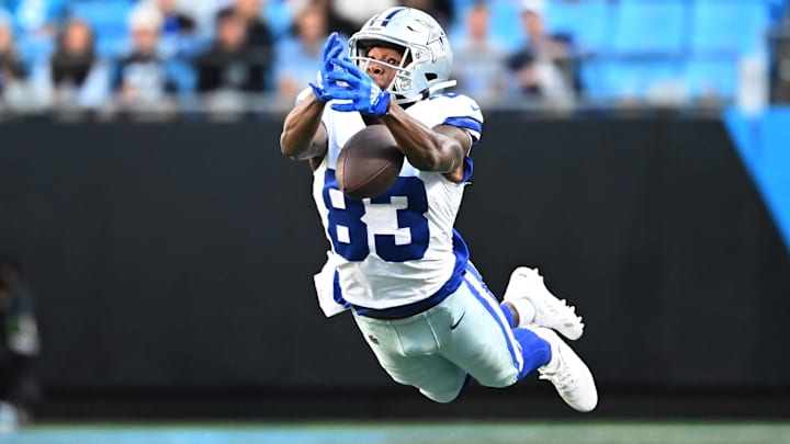 Dallas Cowboys wide receiver Jalen Brooks (83) is unable to catch the ball in the fourth quarter at Bank of America Stadium.