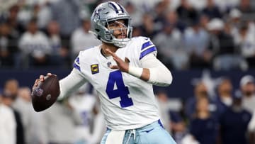 Jan 14, 2024; Arlington, Texas, USA; Dallas Cowboys quarterback Dak Prescott (4) drops back to pass against the Green Bay Packers in the first half of the 2024 NFC wild card game at AT&T Stadium. Mandatory Credit: Kevin Jairaj-USA TODAY Sports