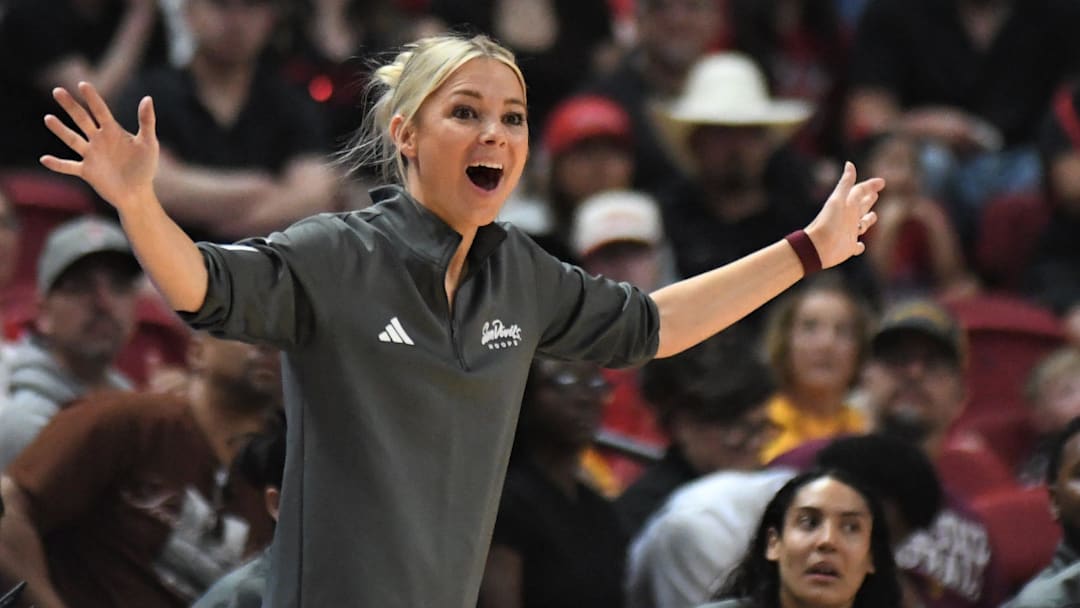 Arizona State women's basketball coach Molly Miller instructs her team against Texas Tech in a Big 12 game Sunday, March 1, 2026, at United Supermarkets Arena.