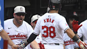 Jul 4, 2024; Cleveland, Ohio, USA; Cleveland Guardians left fielder Steven Kwan (38) celebrates his solo home run with manager Stephen Vogt (12) in the third inning against the Chicago White Sox at Progressive Field. Mandatory Credit: David Richard-Imagn Images