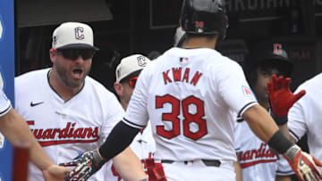 Jul 4, 2024; Cleveland, Ohio, USA; Cleveland Guardians left fielder Steven Kwan (38) celebrates his solo home run with manager Stephen Vogt (12) in the third inning against the Chicago White Sox at Progressive Field. Mandatory Credit: David Richard-Imagn Images