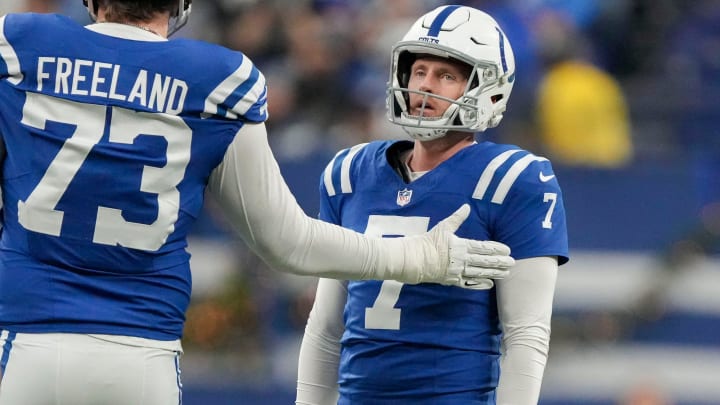 Indianapolis Colts place kicker Matt Gay (7) reacts after a missed field goal Sunday, Dec. 31, 2023, during a game against the Las Vegas Raiders at Lucas Oil Stadium in Indianapolis. A penalty on the play gave Gay another attempt at the kick.