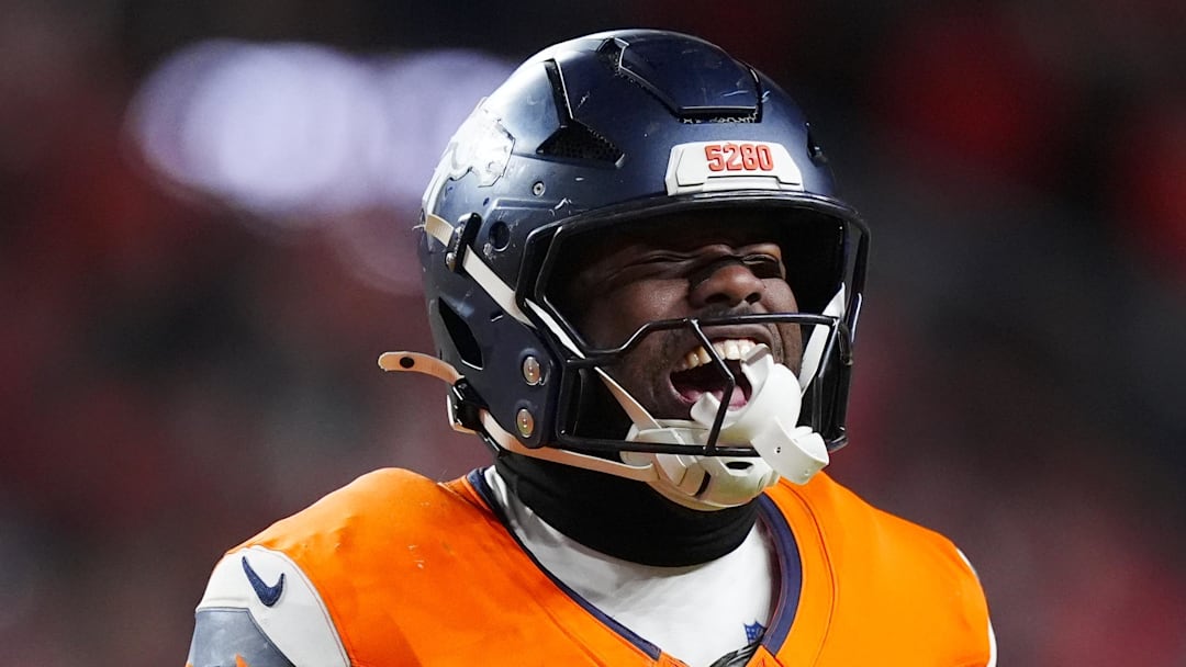 Jan 17, 2026; Denver, CO, USA; Denver Broncos wide receiver Marvin Mims Jr. (19) reacts after a play during overtime of an AFC Divisional Round playoff game against the Buffalo Bills at Empower Field at Mile High. Mandatory Credit: Ron Chenoy-Imagn Images