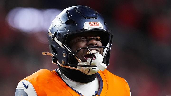 Jan 17, 2026; Denver, CO, USA; Denver Broncos wide receiver Marvin Mims Jr. (19) reacts after a play during overtime of an AFC Divisional Round playoff game against the Buffalo Bills at Empower Field at Mile High. Mandatory Credit: Ron Chenoy-Imagn Images