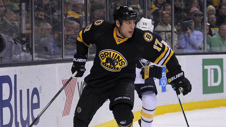 Mar 17, 2015; Boston, MA, USA; Boston Bruins left wing Milan Lucic (17) controls the puck behind the goal during the first period against the Buffalo Sabres at TD Banknorth Garden. Mandatory Credit: Bob DeChiara-Imagn Images Mar 17, 2015; Boston, MA, USA; Boston Bruins left wing Milan Lucic (17) controls the puck behind the goal during the first period against the Buffalo Sabres at TD Banknorth Garden. Mandatory Credit: Bob DeChiara-Imagn Images