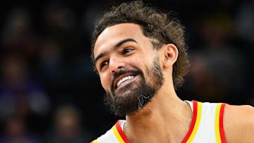 Trae Young #11 of the Atlanta Hawks reacts against the Utah Jazz.