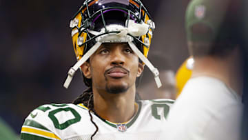 Former Green Bay Packers cornerback Kevin King (20) looks up from the sidelines during the fourth quarter against the Detroit Lions at Ford Field.