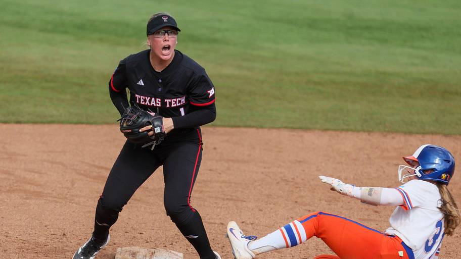 Texas Tech second baseman Mia Williams gets Florida infielder Kenleigh Cahalan out at second.