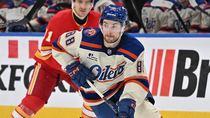Dec 23, 2025; Edmonton, Alberta, CAN; Edmonton Oilers left winger Andrew Mangiapane (88) is seen out on the ice as the Edmonton Oilers take on the Calgary Flames during the third period at Rogers Place. Mandatory Credit: Walter Tychnowicz-Imagn Images