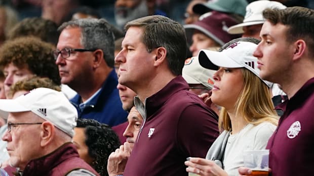 Texas A&M Aggies athletic director Trev Alberts looks on in the first half against the Houston Cougars.