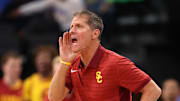 Nov 14, 2025; Inglewood, California, USA; Southern California Trojans head coach Eric Musselman reacts during the second half of the Hall of Fame Series game against the Illinois State Redbirds at Intuit Dome. Mandatory Credit: Kiyoshi Mio-Imagn Images