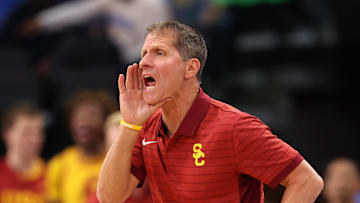 Nov 14, 2025; Inglewood, California, USA; Southern California Trojans head coach Eric Musselman reacts during the second half of the Hall of Fame Series game against the Illinois State Redbirds at Intuit Dome. Mandatory Credit: Kiyoshi Mio-Imagn Images