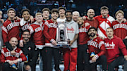 The Nebraska wrestling team poses after taking second at the 2025 NCAA Championships in Philadelphia.