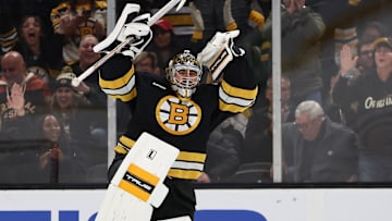 Nov 29, 2025; Boston, Massachusetts, USA; Boston Bruins goaltender Jeremy Swayman (1) celebrates after making the final save during their 3-2 shootout win over the Detroit Red Wings at TD Garden. Mandatory Credit: Winslow Townson-Imagn Images