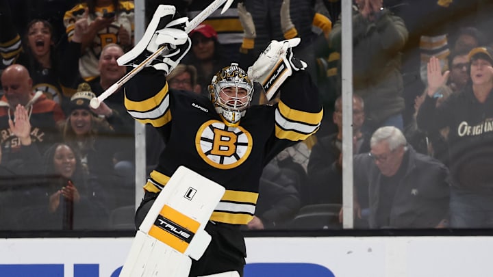 Nov 29, 2025; Boston, Massachusetts, USA; Boston Bruins goaltender Jeremy Swayman (1) celebrates after making the final save during their 3-2 shootout win over the Detroit Red Wings at TD Garden. Mandatory Credit: Winslow Townson-Imagn Images
