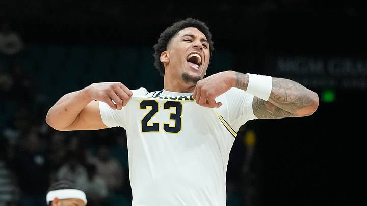 Nov 26, 2025; Las Vegas, NV, USA; Michigan Wolverines forward Yaxel Lendeborg (23) reacts in the second half against the Gonzaga Bulldogs in the 2025 Players Era Festival championship game at MGM Grand Garden Arena. Mandatory Credit: Kirby Lee-Imagn Images