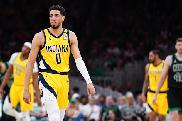 Indiana Pacers guard Tyrese Haliburton (0) reacts against the Boston Celtics during the 2024 NBA playoffs.