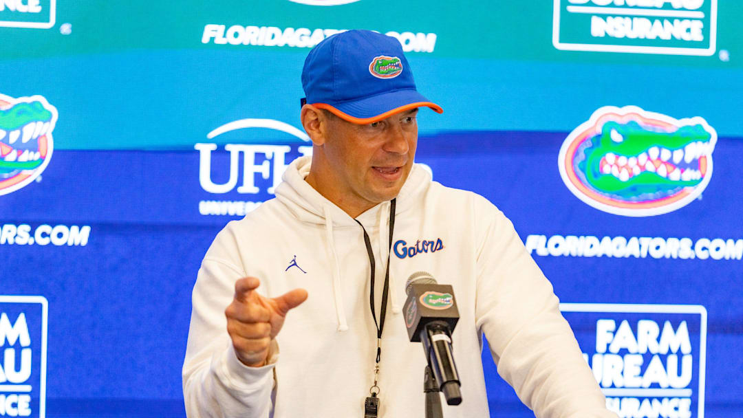 Florida head coach Jon Sumrall speaks after spring practice at Sanders Practice Fields in Gainesville, FL on Tuesday, April 7, 2026. [Alan Youngblood/Gainesville Sun]