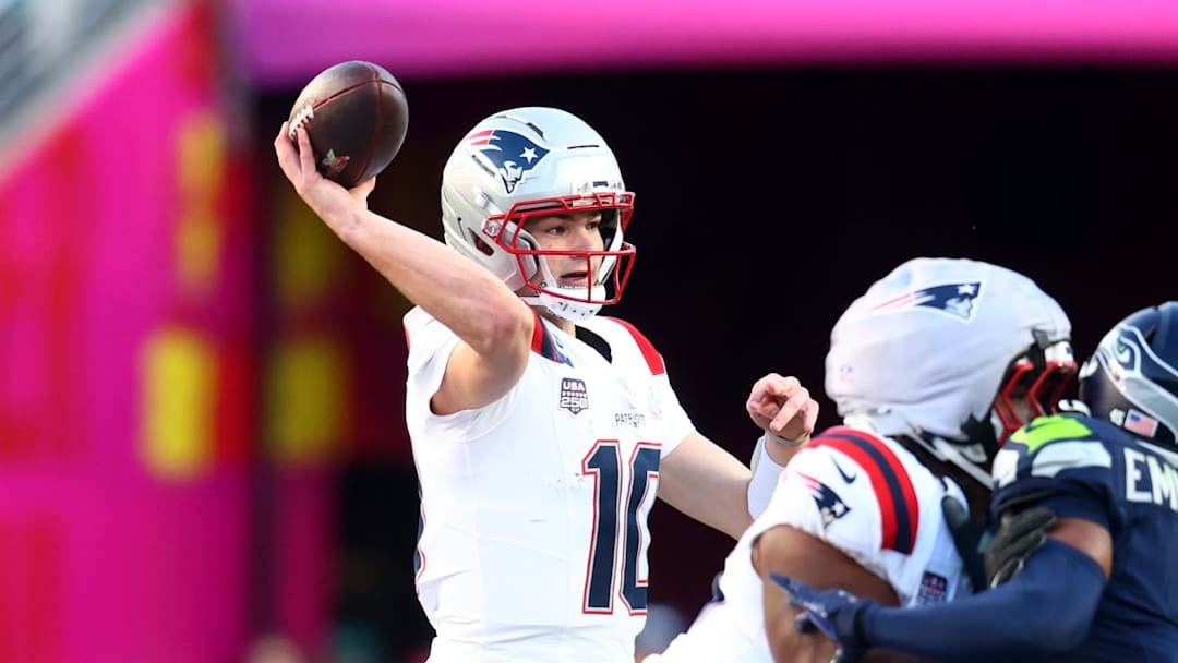 Feb 8, 2026; Santa Clara, CA, USA; New England Patriots quarterback Drake Maye (10) throws a pass against the Seattle Seahawks during the first quarter in Super Bowl LX at Levi's Stadium. Mandatory Credit: Mark J. Rebilas-Imagn Images