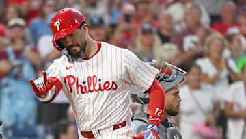 Sep 23, 2025; Philadelphia, Pennsylvania, USA; Philadelphia Phillies outfielder Kyle Schwarber (12) celebrates his home run during the first inning against the Miami Marlins at Citizens Bank Park.