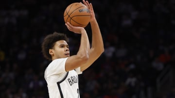 Dec 26, 2023; Detroit, Michigan, USA; Brooklyn Nets forward Cameron Johnson (2) shoots in the second half against the Detroit Pistons at Little Caesars Arena. Mandatory Credit: Rick Osentoski-USA TODAY Sports