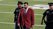 Ohio State Buckeyes head coach Ryan Day walks down the field before the NCAA college football game against the UCLA Bruins at Ohio Stadium on Saturday, Nov. 15, 2025 in Columbus, Ohio.