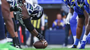 Jan 5, 2025; Inglewood, California, USA; Seattle Seahawks offensive line at the ready versus the Los Angeles Rams at SoFi Stadium.