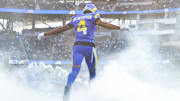 Jan 5, 2025; Inglewood, California, USA;  Los Angeles Rams Cornerback Ahkello Witherspoon (4) enters the stadium during players pregame introduction vs the Seattle Seahawks at SoFi Stadium. 