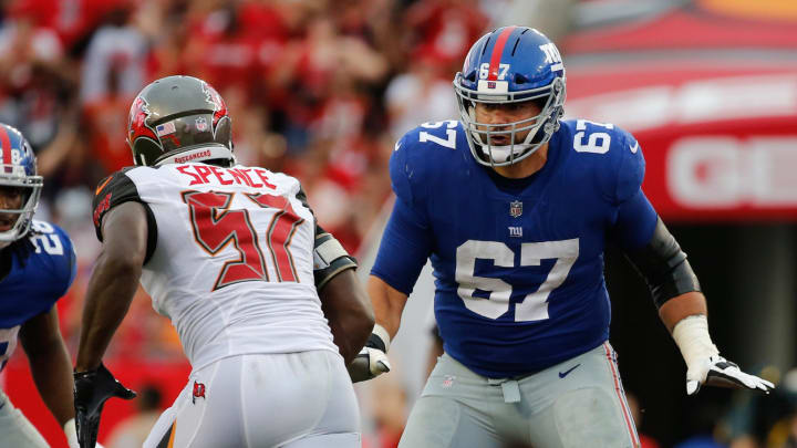 Oct 1, 2017; Tampa, FL, USA; New York Giants offensive guard Justin Pugh (67) blocks as Tampa Bay Buccaneers defensive end Noah Spence (57) rushes during the second half at Raymond James Stadium.  