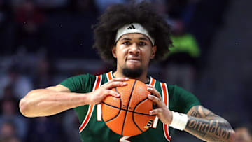 Dec 2, 2025; Oxford, Mississippi, USA; Miami Hurricanes guard Tre Donaldson (3) reacts during the first half against the Mississippi Rebels at The Sandy and John Black Pavilion at Ole Miss. Mandatory Credit: Petre Thomas-Imagn Images