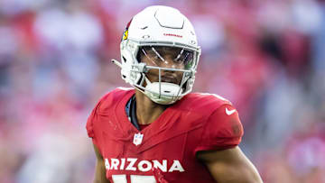 Jan 5, 2025; Glendale, Arizona, USA; Arizona Cardinals wide receiver Zay Jones (17) against the San Francisco 49ers at State Farm Stadium. Mandatory Credit: Mark J. Rebilas-Imagn Images