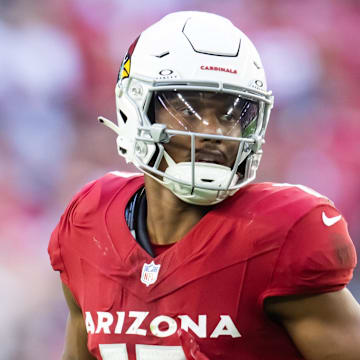 Jan 5, 2025; Glendale, Arizona, USA; Arizona Cardinals wide receiver Zay Jones (17) against the San Francisco 49ers at State Farm Stadium. Mandatory Credit: Mark J. Rebilas-Imagn Images