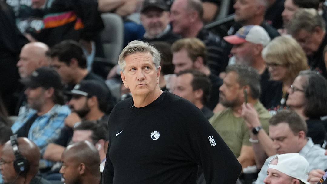 May 6, 2026; San Antonio, Texas, USA; Minnesota Timberwolves head coach Chris Finch looks over in the second half against the San Antonio Spurs during game two of the second round of the 2026 NBA Playoffs at Frost Bank Center. Mandatory Credit: Daniel Dunn-Imagn Images