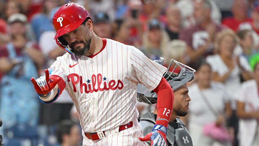Sep 23, 2025; Philadelphia, Pennsylvania, USA; Philadelphia Phillies outfielder Kyle Schwarber (12) celebrates his home run during the first inning against the Miami Marlins at Citizens Bank Park. Mandatory Credit: Eric Hartline-Imagn Images