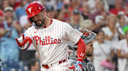 Sep 23, 2025; Philadelphia, Pennsylvania, USA; Philadelphia Phillies outfielder Kyle Schwarber (12) celebrates his home run during the first inning against the Miami Marlins at Citizens Bank Park. Mandatory Credit: Eric Hartline-Imagn Images