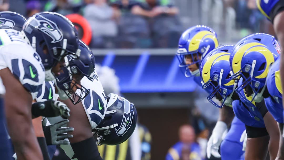Jan 5, 2025; Inglewood, California, USA;  Seattle Seahawks offensive line at the ready versus the Los Angeles Rams at SoFi Stadium. Mandatory Credit: William Navarro-Imagn Images