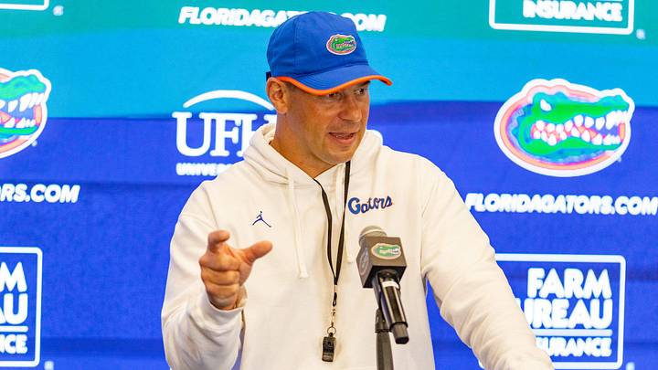 Florida head coach Jon Sumrall speaks after spring practice at Sanders Practice Fields in Gainesville, FL on Tuesday, April 7, 2026. [Alan Youngblood/Gainesville Sun]