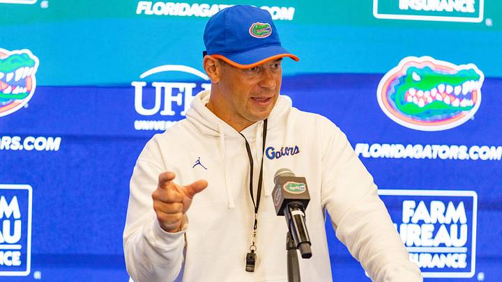 Florida head coach Jon Sumrall speaks after spring practice at Sanders Practice Fields in Gainesville, FL on Tuesday, April 7, 2026. [Alan Youngblood/Gainesville Sun]