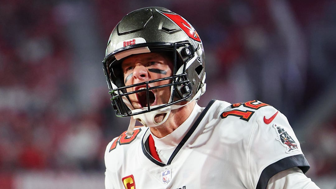 Jan 16, 2023; Tampa, Florida, USA; Tampa Bay Buccaneers quarterback Tom Brady (12) takes the field before a wild card game against the Dallas Cowboys at Raymond James Stadium. Mandatory Credit: Nathan Ray Seebeck-Imagn Images
