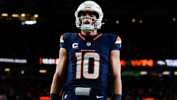 Dec 2, 2024; Denver, Colorado, USA; Denver Broncos quarterback Bo Nix (10) reacts after a play in the third quarter against the Cleveland Browns at Empower Field at Mile High. 