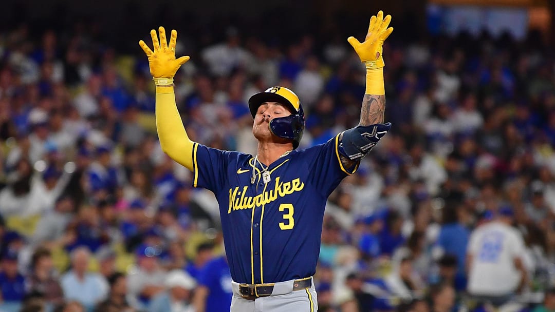 Milwaukee Brewers shortstop Joey Ortiz (3) celebrates after hitting a solo home run against the Los Angeles Dodgers at Dodger Stadium. 