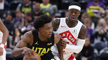 Jan 12, 2024; Salt Lake City, Utah, USA; Utah Jazz guard Collin Sexton (2) dribbles the ball defended by Toronto Raptors guard Dennis Schroder (17) during the third quarter at Delta Center. Mandatory Credit: Rob Gray-Imagn Images