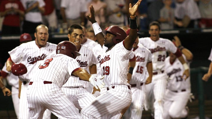 South Carolina baseball legend Jackie Bradley, Jr. celebrating scoring the winning run against Oklahoma in the 2010 College World Series