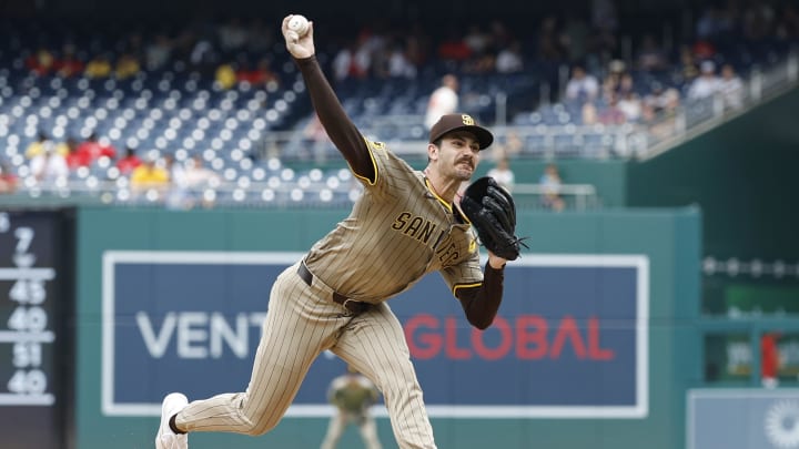 San Diego Padres starting pitcher Dylan Cease (84) pitches against the Washington Nationals during the eighth inning at Nationals Park on July 25.